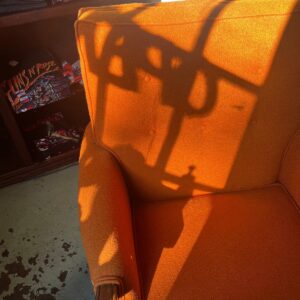 Vintage Orange Wool Armchair Button Tufted Back Carved Wood Arms Greek Key